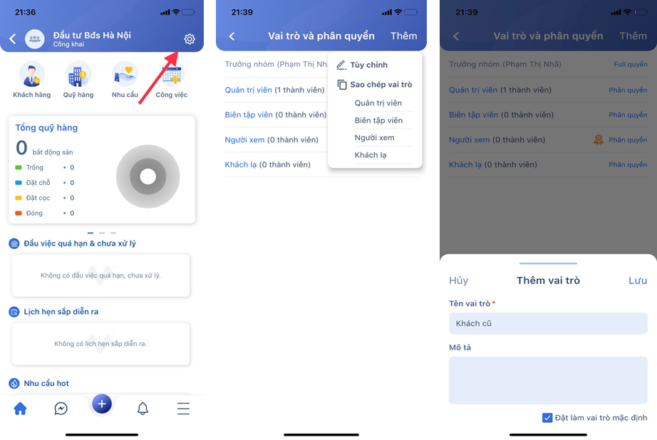 Màn hình truy cập các vai trò trong nhóm