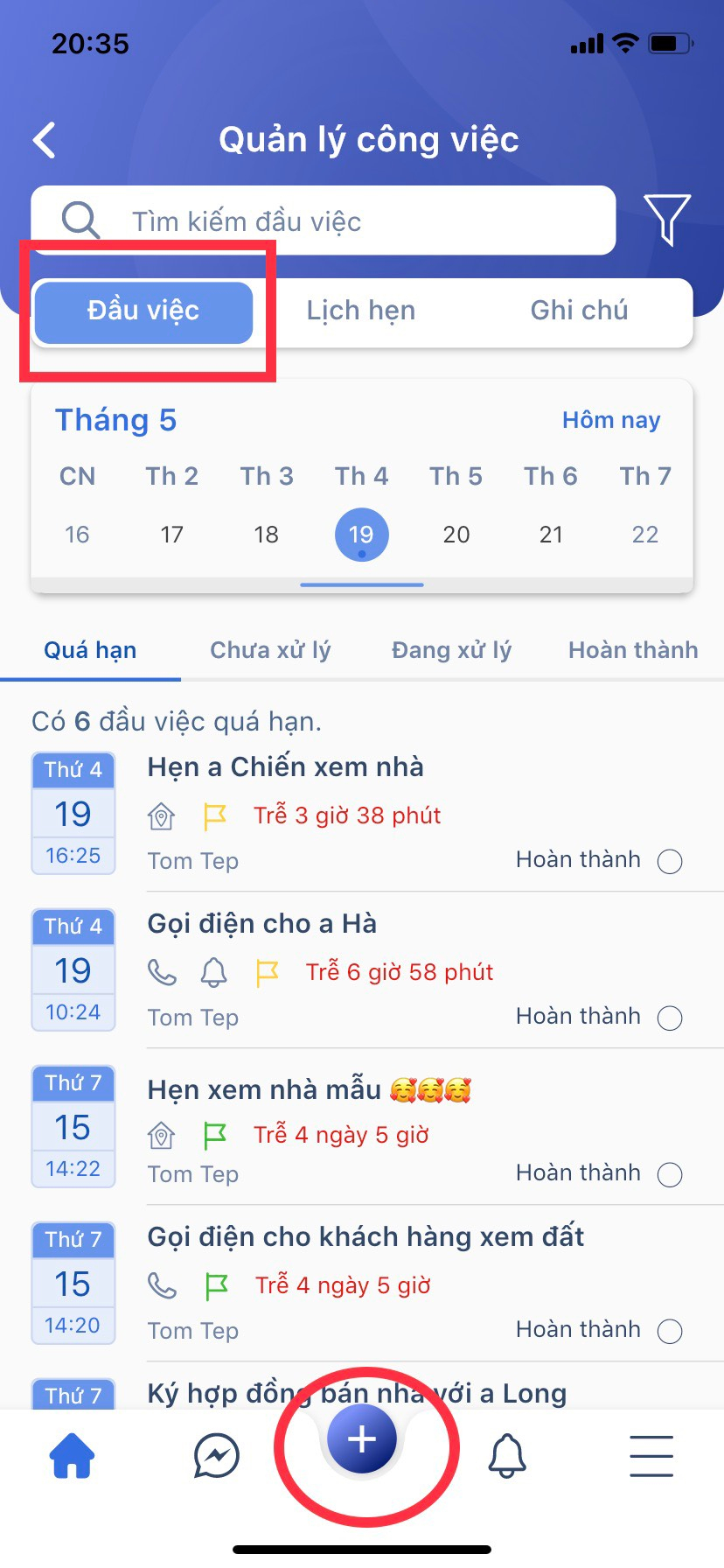 Màn hình đầu việc trong Quản lý công việc