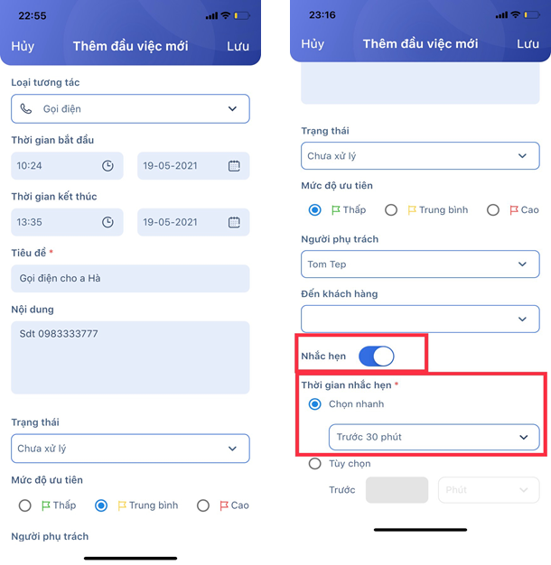 Thêm mới đầu việc và nhắc hẹn