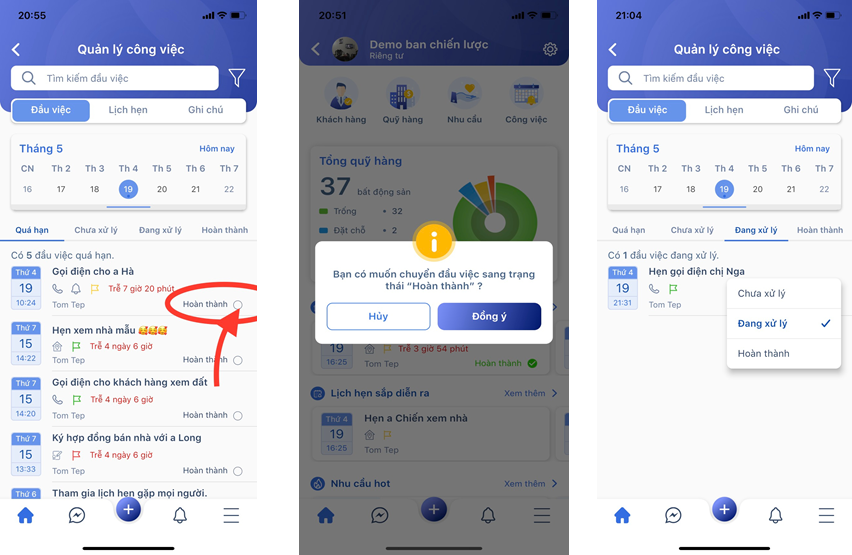 Cách chuyển đầu việc sang trạng thái hoàn thành