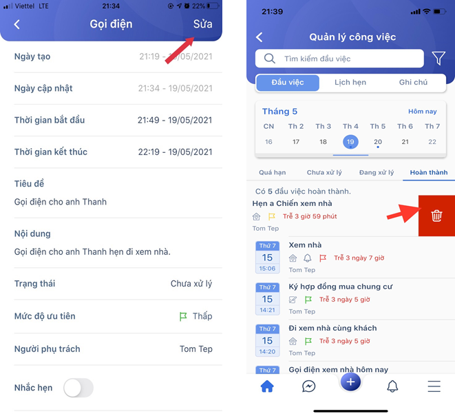 Chỉnh sửa/xóa đầu việc