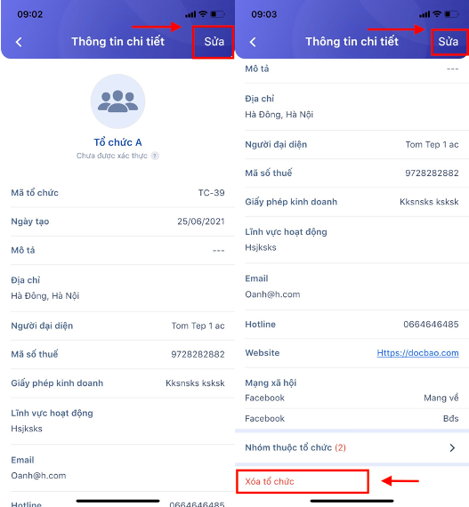 Màn hình chỉnh sửa/xóa tổ chức