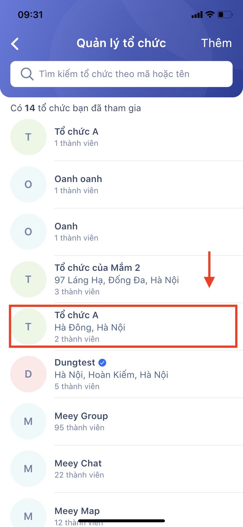 Màn hình Quản lý tổ chức