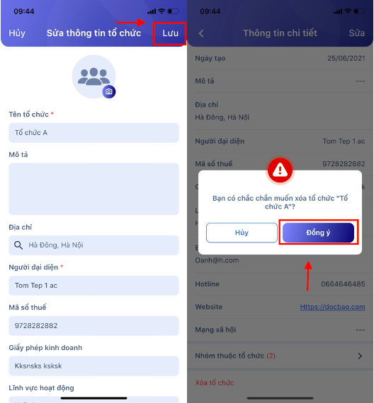 Màn hình lưu thông tin sau khi chỉnh sửa/xóa tổ chức